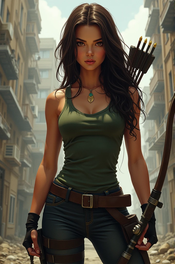 Create a female version of "Hawkeye" slender, with brown eyes, black hair like marvel comics