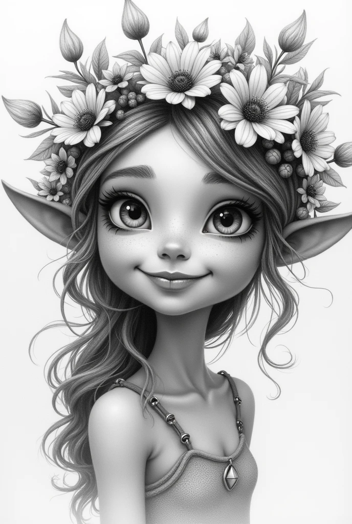 A face portrait of wood fairy that is with a flower crown on top of her head looking happy drawed in black pencil