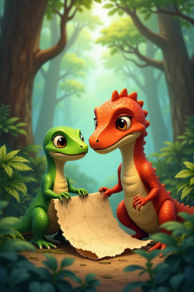 lila y Max con el Mapa: lila, a green lizard, He is holding an old map with his little paw. Max, the velociraptor, He is looking at the map with enthusiasm. They are in a forest with tall trees and bushes.