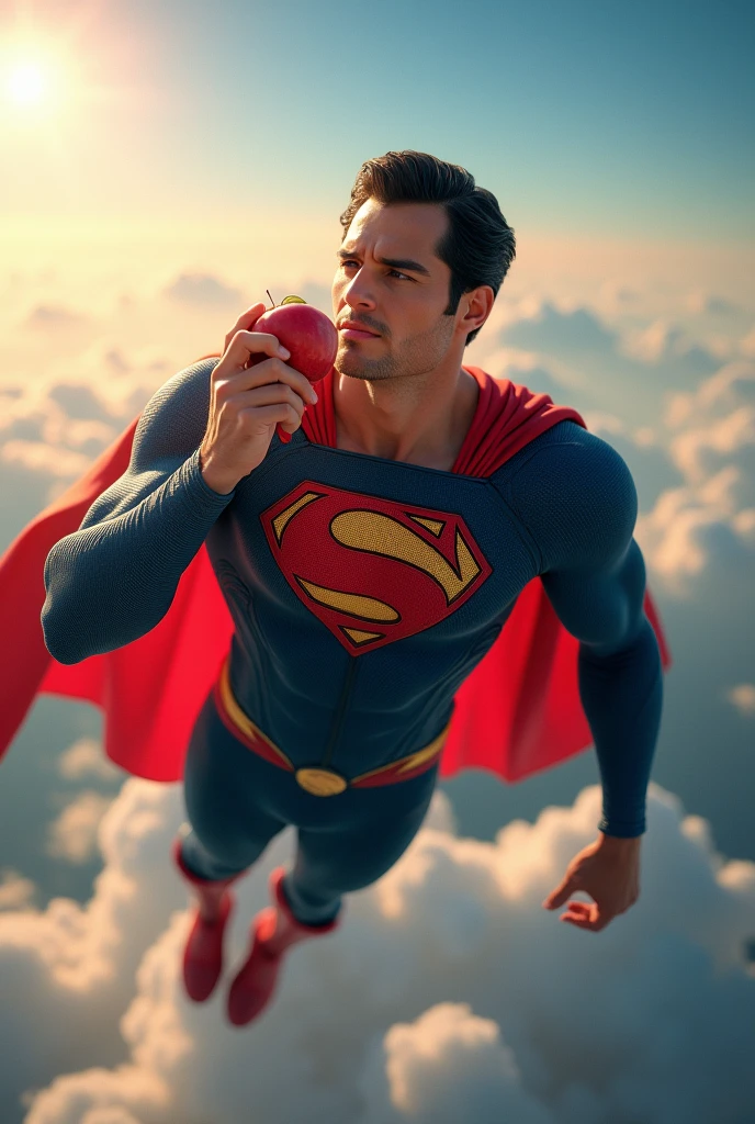 Superman eating an apple while flying