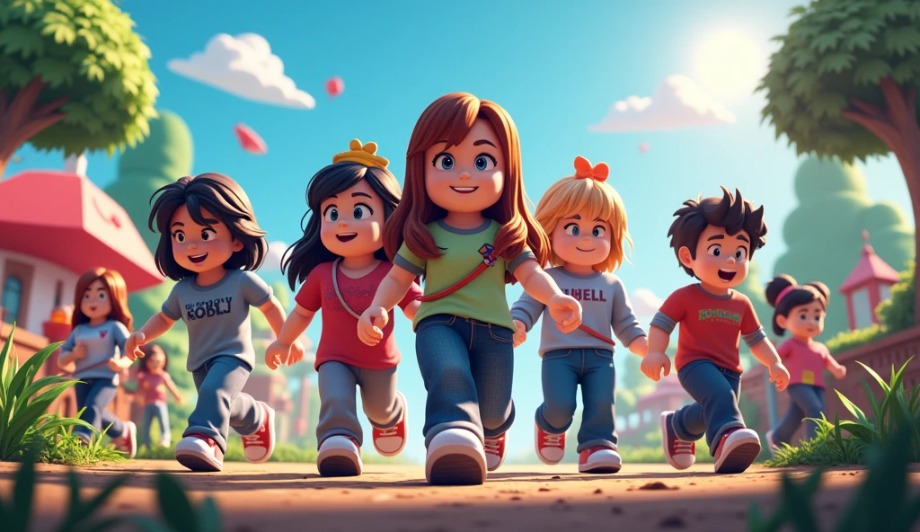 I WANT A ROBLOX GAME WALLPAPER WITH A SCENARIO SET IN THE GAME WHERE THE CHARACTERS ARE DOING DIFFERENT ACTIVITIES I need 7 characters, one different from the other, Girls and boys playing various games within the roblox world