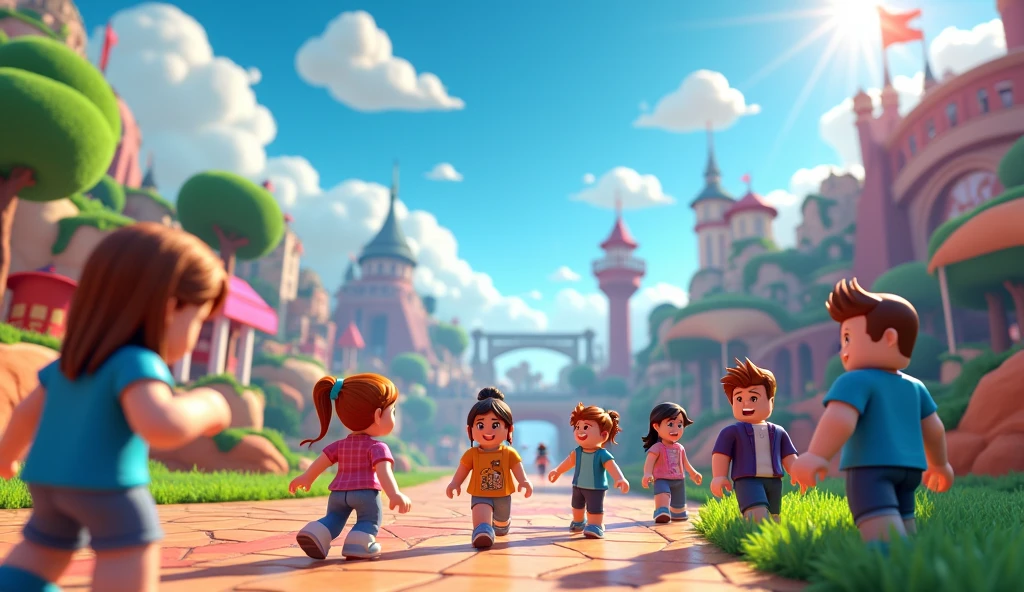 I WANT A ROBLOX GAME WALLPAPER WITH A SCENARIO SET IN THE GAME WHERE THE CHARACTERS ARE DOING DIFFERENT ACTIVITIES I need 7 characters, one different from the other, Girls and boys playing various games within the roblox world