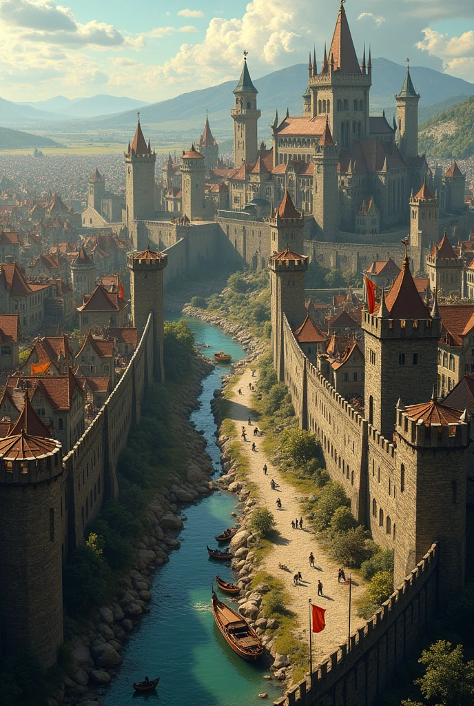 Large Medieval fantasy town with a wall around the outside of the town
