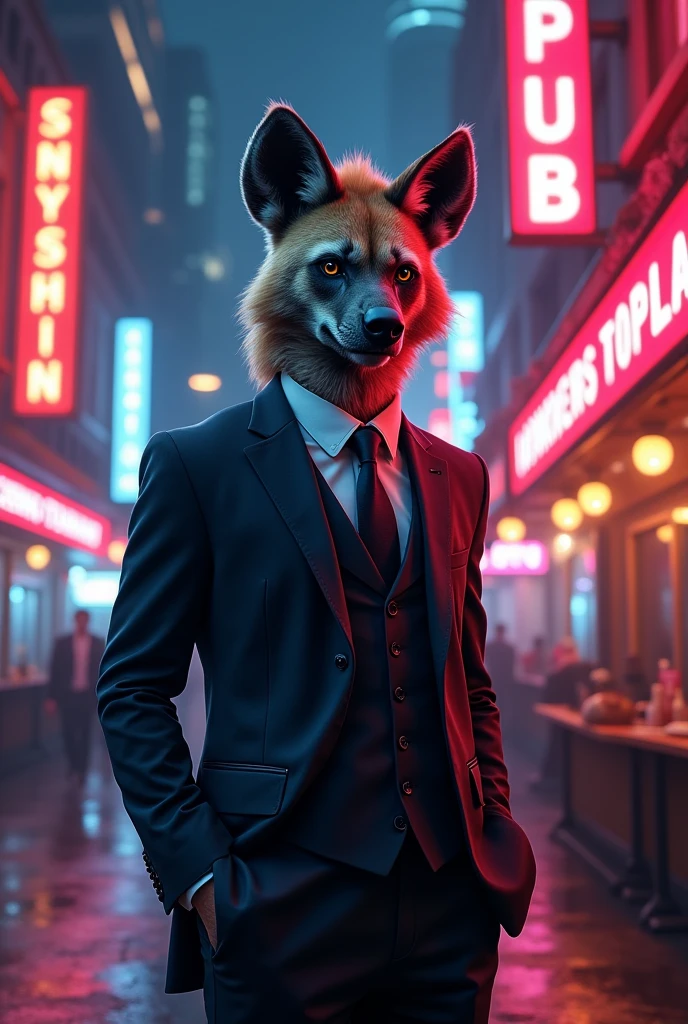 A hyena standing opposite to pub wearing corporate costume in neon city in red and blue light