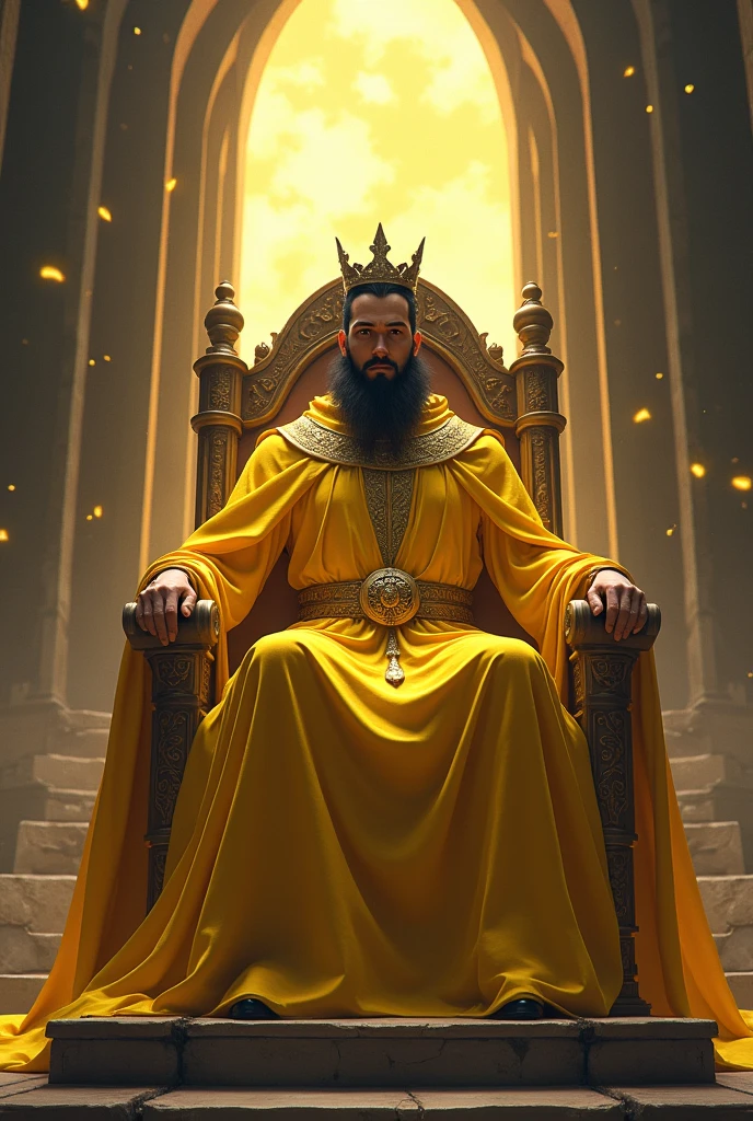 a man dressed as a sorcerer, with a long yellow robe, no beard,no beard, short black hair, with a setro in his hand, with his crown on his head, perched on a beautiful throne, behind him he has an open portal to another dimension.
