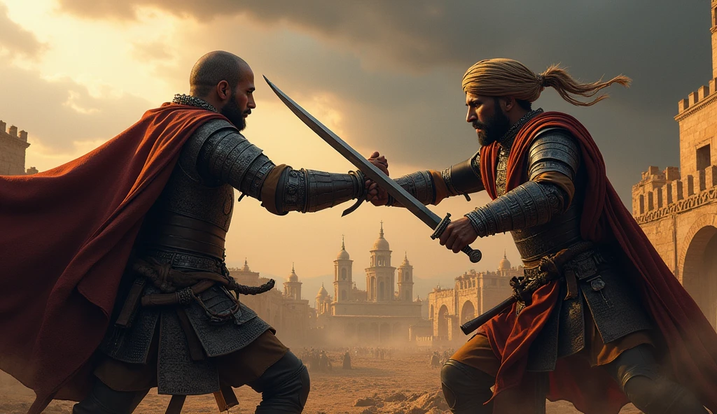 In the midst of the Battle of Guadalete, Thariq bin Ziyad, wearing a turban and full iron armor, faces King Roderick in a final, intense duel. Thariq's curved sword clashes against Roderick's, both warriors locked in a fierce struggle. The battlefield around them is a scene of devastation, with fallen soldiers and the city of Guadalete in the background under dark, ominous clouds. The moment is captured in an ultra-realistic, cinematic style, highlighting the epic confrontation between the two leaders."