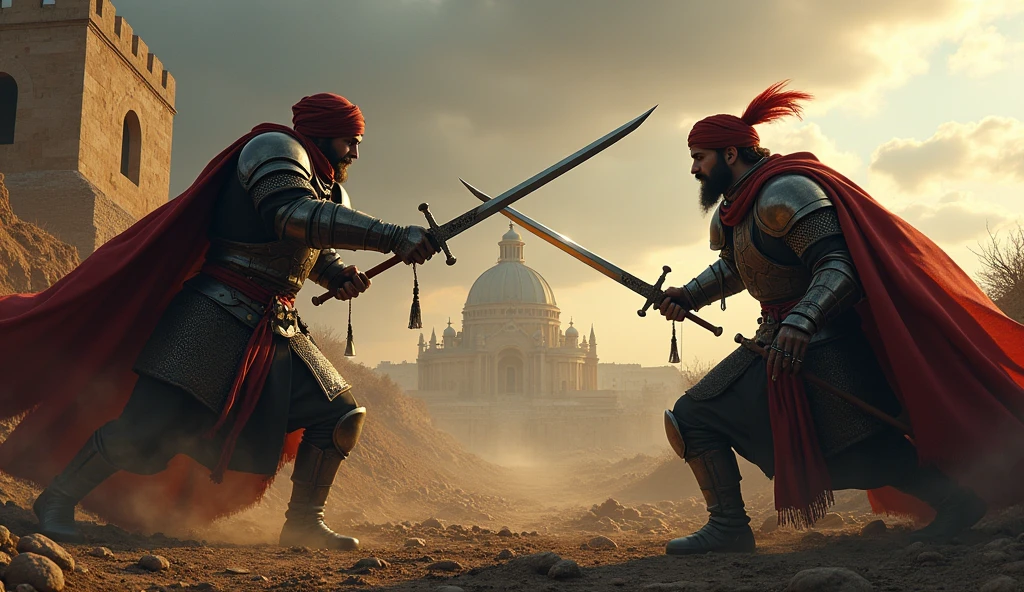 In the midst of the Battle of Guadalete, Thariq bin Ziyad, wearing a turban and full iron armor, faces King Roderick in a final, intense duel. Thariq's curved sword clashes against Roderick's, both warriors locked in a fierce struggle. The battlefield around them is a scene of devastation, with fallen soldiers and the city of Guadalete in the background under dark, ominous clouds. The moment is captured in an ultra-realistic, cinematic style, highlighting the epic confrontation between the two leaders."