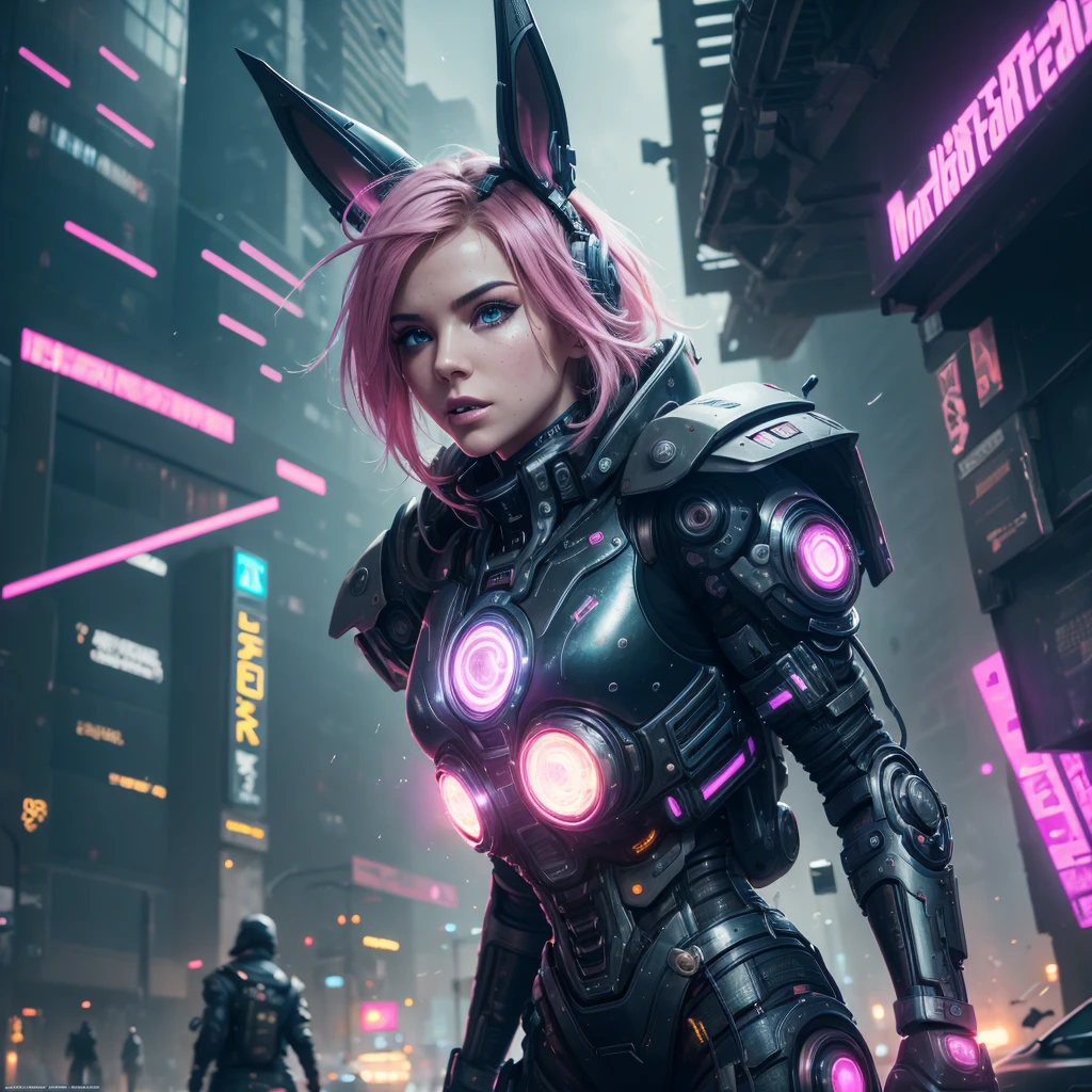 (Best quality,4K,8 K,a high resolution,masterpiece:1.2),ultra detailed,(realistic,Фотоrealistic,фотоrealistic:1.37),cyberpunk,girl,Mechanical,revive,Metallic,neon lights,sparkling eyes,Metal gears,technique,robotic limb,Футуристический urban пейзаж,pink hair,Modern fashion,cybernetic implants,digital interface,Night scene,mysterious,technologies,urban,hardness,dystopian,Energetic posture,dynamic composition,graffiti on the walls,bright colors,city lights,Electric Atmosphere,glitchy effects,steampunk,Mechanical wings,bunny ears,Street style,artificial intelligence,High-tech weapons,ferocious facial expression,urban exploration,fly through the air,universe background,Elements of Science Fiction,urban chic,Technological progress