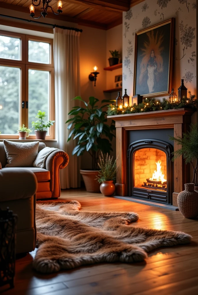 a bright living room with a fireplace and a sofa, Brown bear fur on the ground, cozy home background, detailed lighting and textures, cozy living room background, cozy place, Cozy wallpaper, cozy and quiet, Cozy surroundings, Cozy surroundings, detailed textures and lighting, Cozy room, interior background art, Personal room background, cozy atmospheric, cozy and peaceful environment, relaxing conceptual art