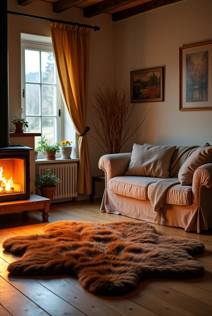 a bright living room with a fireplace and a sofa, Brown bear fur on the ground, cozy home background, detailed lighting and textures, cozy living room background, cozy place, Cozy wallpaper, cozy and quiet, Cozy surroundings, Cozy surroundings, detailed textures and lighting, Cozy room, interior background art, Personal room background, cozy atmospheric, cozy and peaceful environment, relaxing conceptual art