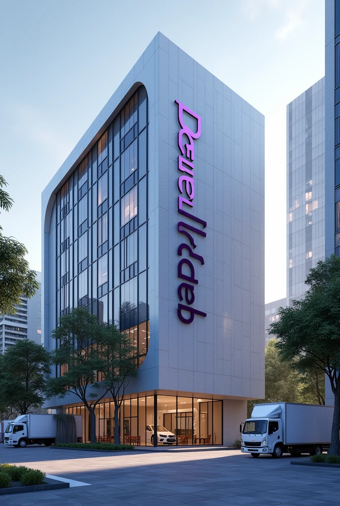 The building of a company called REBELS ltda.. 
Specifications: the Name REBELS LTDA. it has to be purple, the source can be STICK the building can be elegant, simple and modern delivery trucks. very realistic 