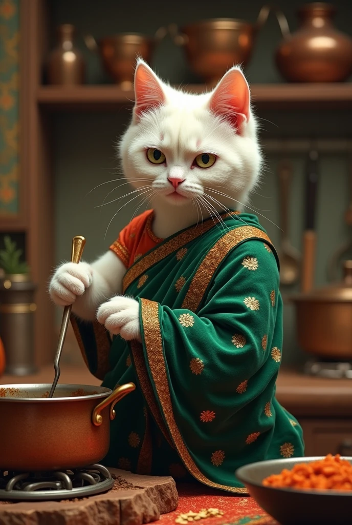 A whie cat standing on two legs, wearing a vibrant velvet dark green Indian saree with contrast blouse, cooking in a rustic kitchen filled with spices, copper pots, and traditional utensils. The cat’s paws are stirring a pot, while the kitchen is adorned with Indian decor, showcasing a warm, earthy atmosphere.