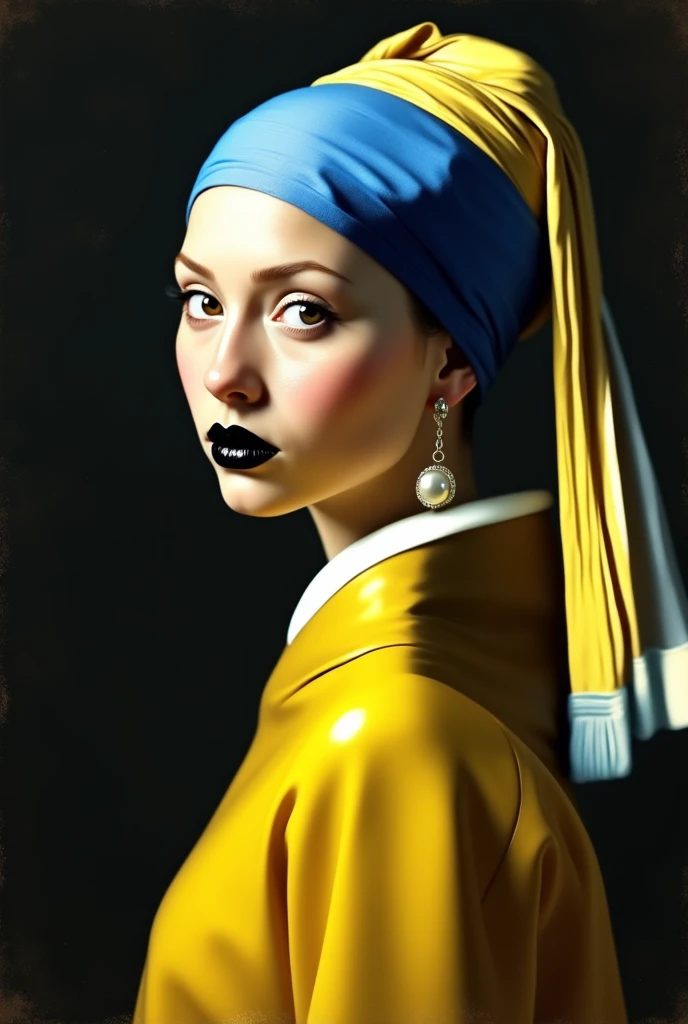 Créais une image comme le tableau de Johannes Vermeer, la jeune fille à la perle. Elle a un habit en matiere latex brillant jaune, le turban sur la tete est en latex brillant bleu, jaune et blanc comme sur le tableau original. Les levres de la jeune fille sont noires brillantes