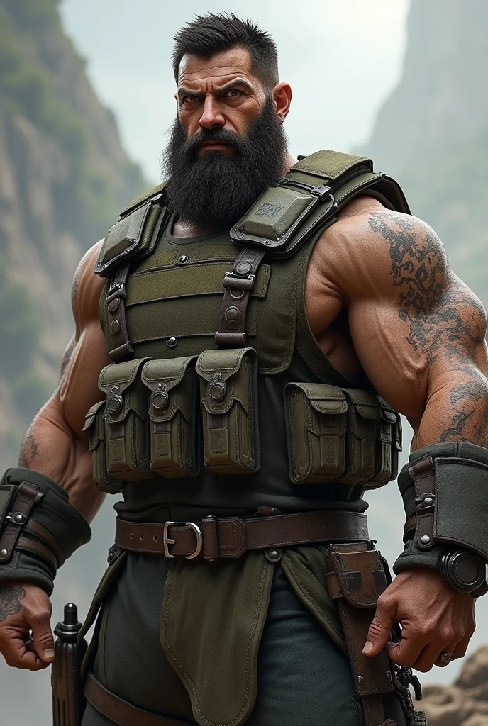 A tall man, chunky, bearded, Youngh, 
 with sculpted muscles, deep scars, black hair, kept short,, and his stubble adds a hardened look, eyes browns,He wears tactical armor, but simple, preferring agility and functionality over appearance.