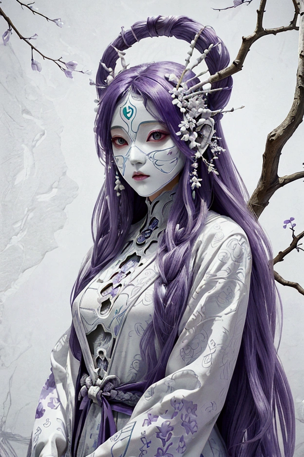 A humanoid creature with a white stone mask on its face. The rest of this creature's body is purple. Her entire body is made of branches, and she is female. The character is seen in full view, with patterns all over her body. DND style art, Full body