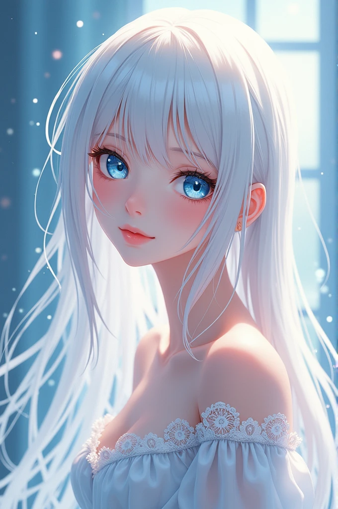 A cute anime woman with long white hair and blue eyes