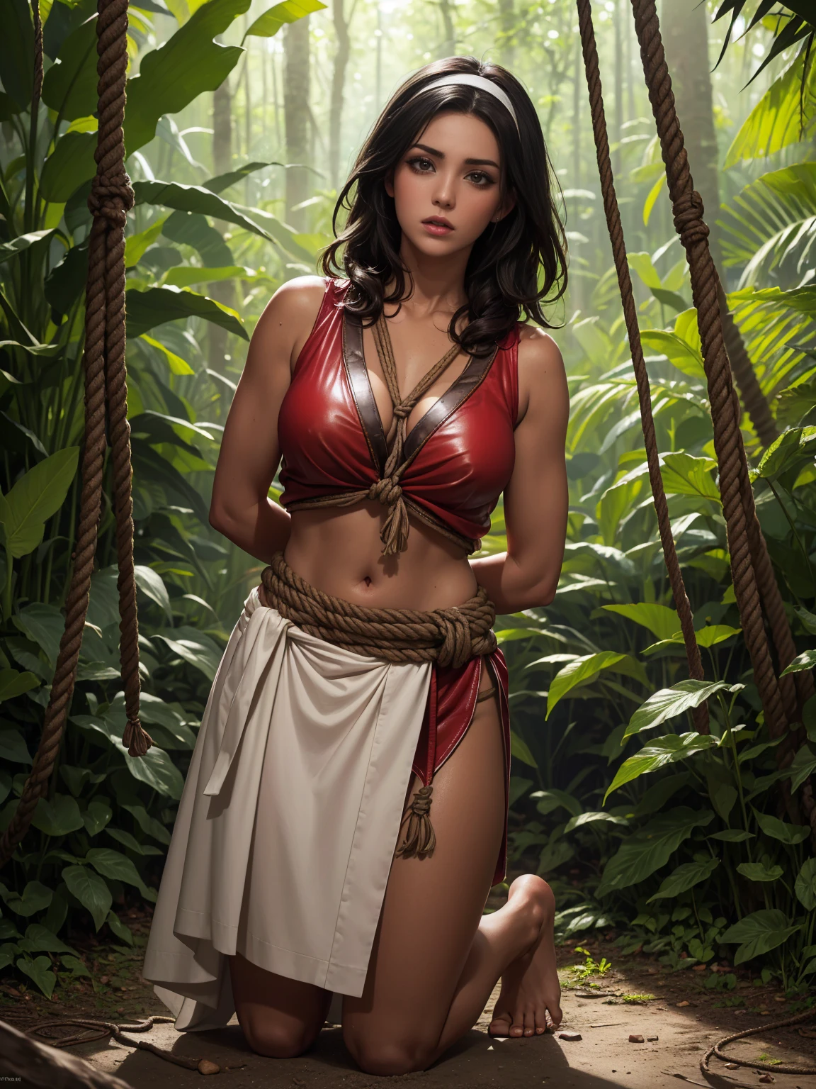 Beautiful, amazon native woman, (((brown skin tone))), black medium hair, hairband, Afro American, dewy complexion, long eyelashes,soft-petalled lips,(beautiful detailed lips:1.1),(medium breasts:0.9),youthful appearance, black locks cascading down, seductive sexy pose,(jungle background:1.1),soft sunlight, pastel color palette,(best quality:1.2),(highres:1.1),(realistic:1.37),(physically-based rendering:1.1),(vivid colors:1.1),(soft lighting:1.1), full body, (((visible feet))), native clothes, (((loincloth))), (((primitive native leather worn blouse))), primitive leather native clothes, captured, sweaty, blushed, (((tied hands with ropes))), (((arms behind back))), (((panic face))), (((frightened))), (((struggling))), (((full body)))