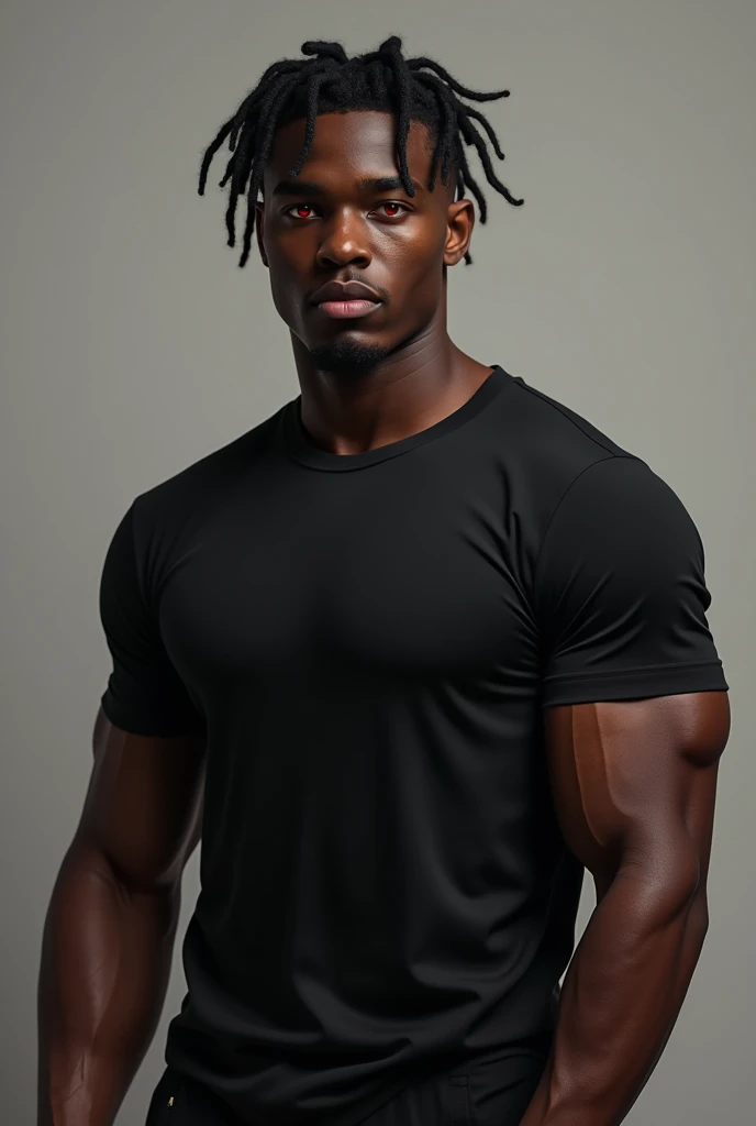 Corps homme noir,corps jeune homme noir,Cheveux noirs, cheveux dread locks,couleur de peau marron clair, teint marron clair, couleur des pupilles rouge, t-shirt à manches courtes, t-shirt noirs