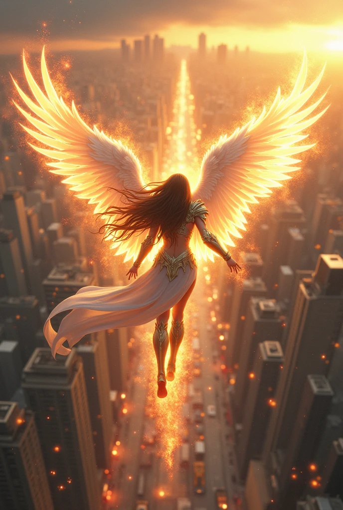 female angel warrior with flaming wings flying high in the sky above a city, wearing armor, long brown hair, white wings