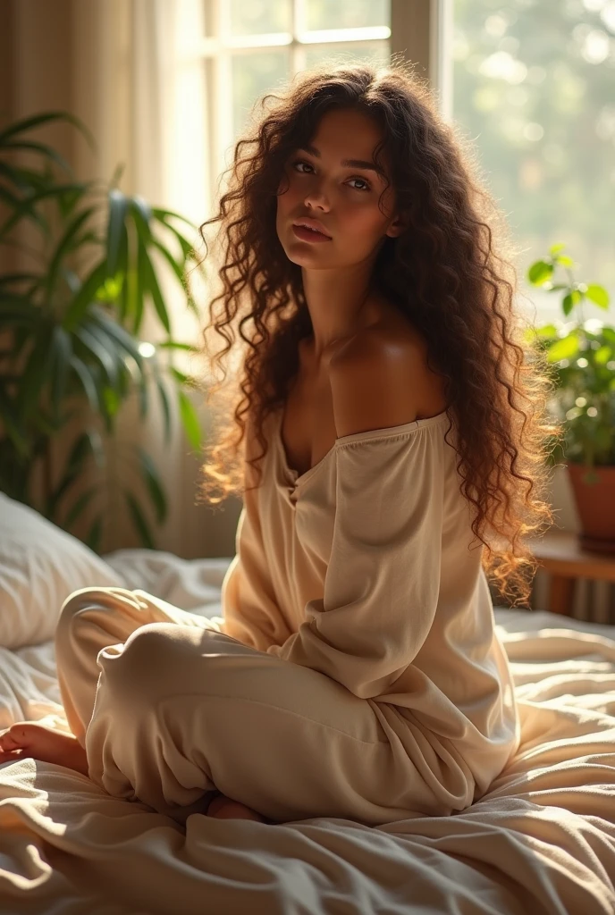 (photorealism:1.2), beautiful woman, sitting on bed, wearing loose off-shoulder top, pajama pants, long curly hair, indoors, soft lighting, plants in background, window with sunlight, cozy room, relaxed pose, realistic, intricate details, warm colors, by Greg Rutkowski, by Alphonse Mucha
