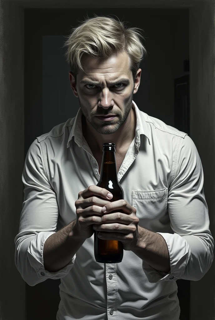 Realistic drawing of a 40 year old man, blond hair, green eyes, with a white shirt, with an aggressive and angry expression, with a bottle of beer in his right hand, in the living room of his dark house, all dark