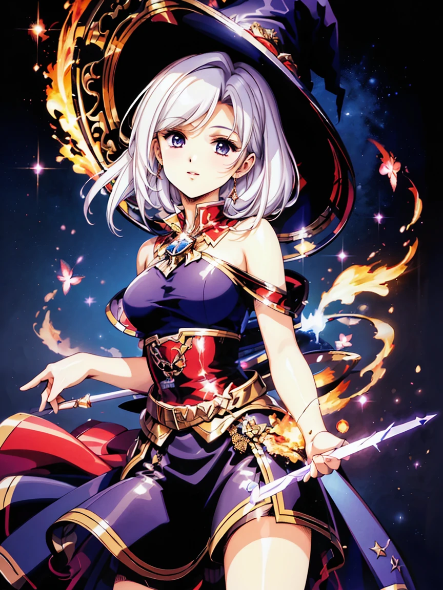 (masterpiece), best quality, Very detailed, A Magus girl with white hair holdding a magical，Hart neckline，Fire Magic，Big fireball，Flame Wall， Witch Hat, Ruffled skirt, Red and black clothing, Holding a magic wand, Magic lights, 