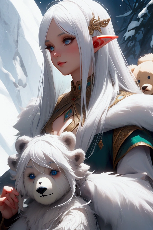 Create an elf with white hair and a bear