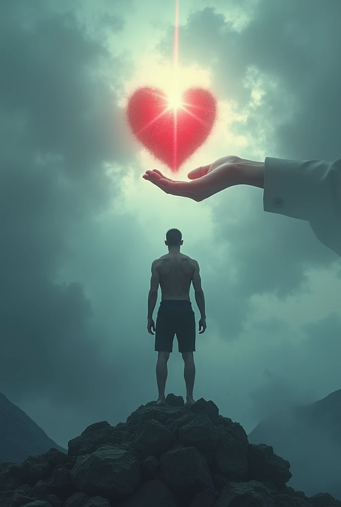 A person's back on a mountain with a hole in the middle of his ribcage meaning he has no heart. an outstretched hand from the cloudy sky but with a super bright streak of light radiating all around that person and that hand is holding out a new heart to them.