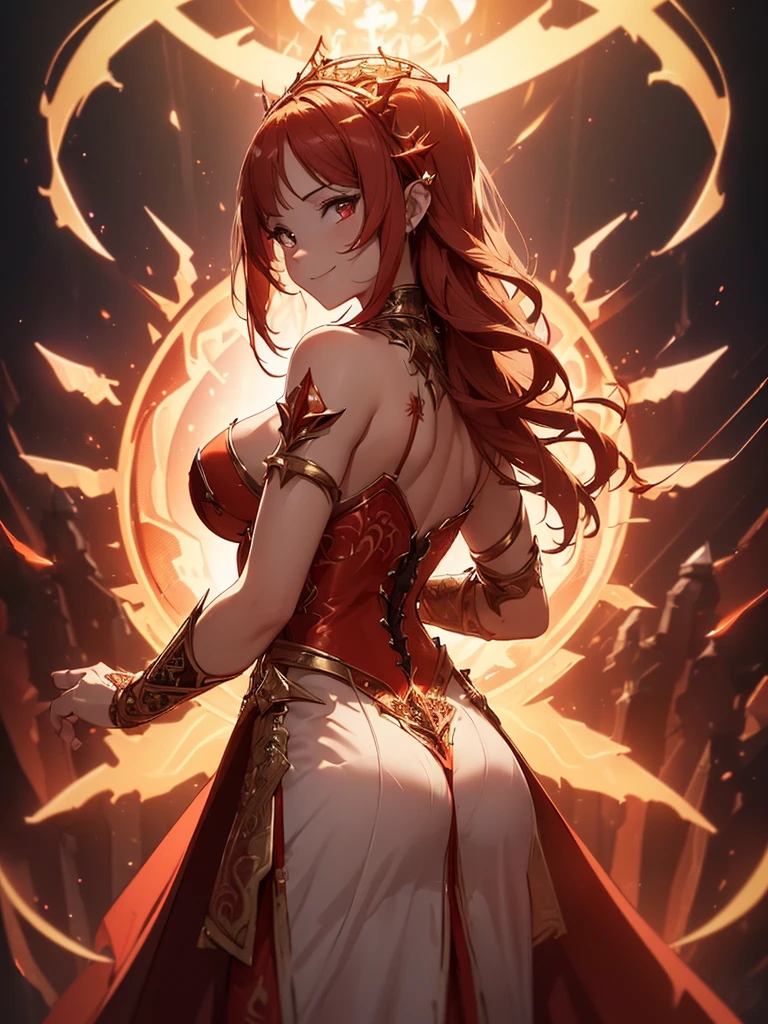 (((best quality, sharp image, clear image, cinematic lighting, 8k resolution, masterpiece, ultra detailed, intricate))) Girl, sorcerer, cute, intricate dress, smiling, fiery red, ((intricate background)), (rune frame), dimension, ((shot from behind)), fire sigils, chaotic background, ((half-body shot))