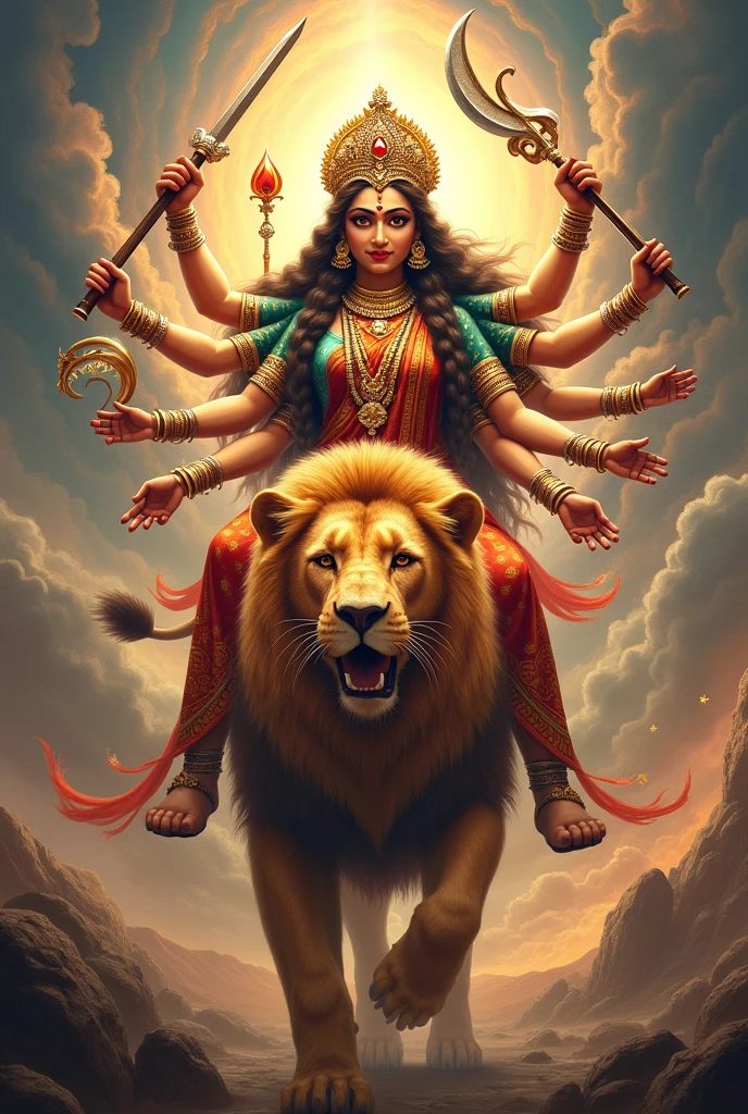 Durga Mata who rides on a lion and 10 hand's
is real