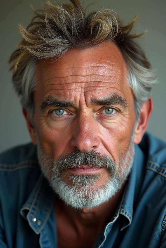 A man with short blond and gray hair, with fairly light eyebrows, with blue eyes and blond eyelashes, with a large potato nose, with a short gray beard and thin lips.