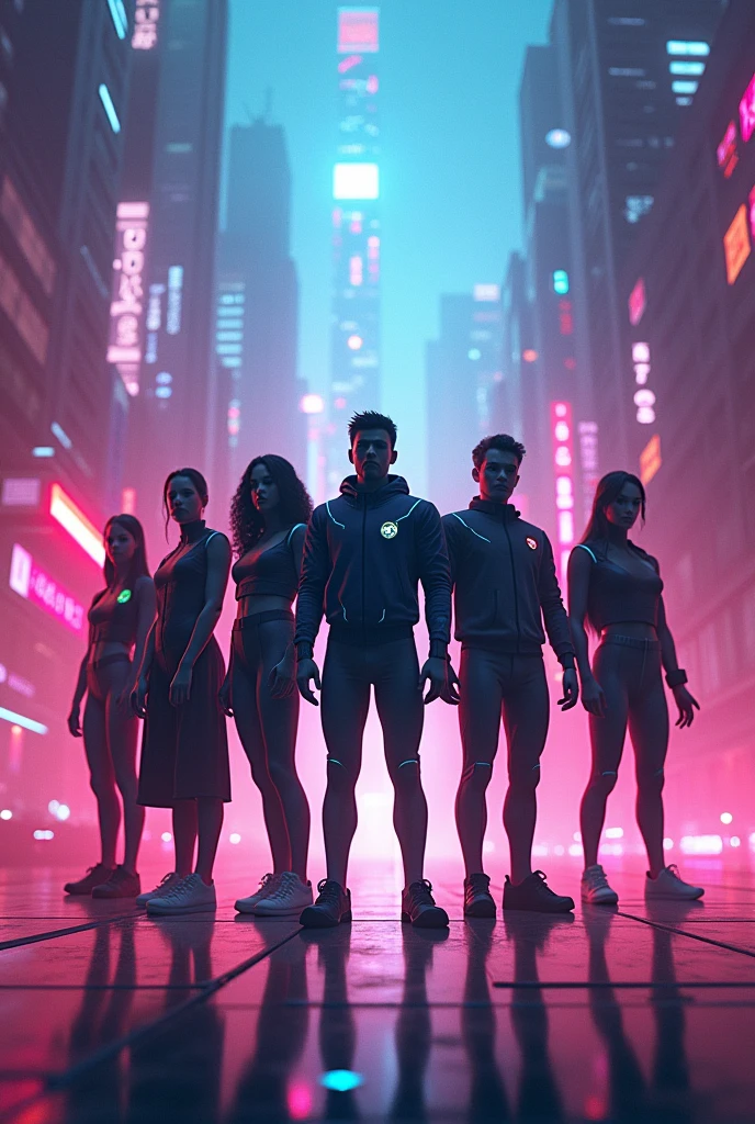 A silhouette of six young adults in a technological and futuristic world, with vibrant and harmonious colors. They wear casual, futuristic outfits that highlight their superhuman powers and abilities..