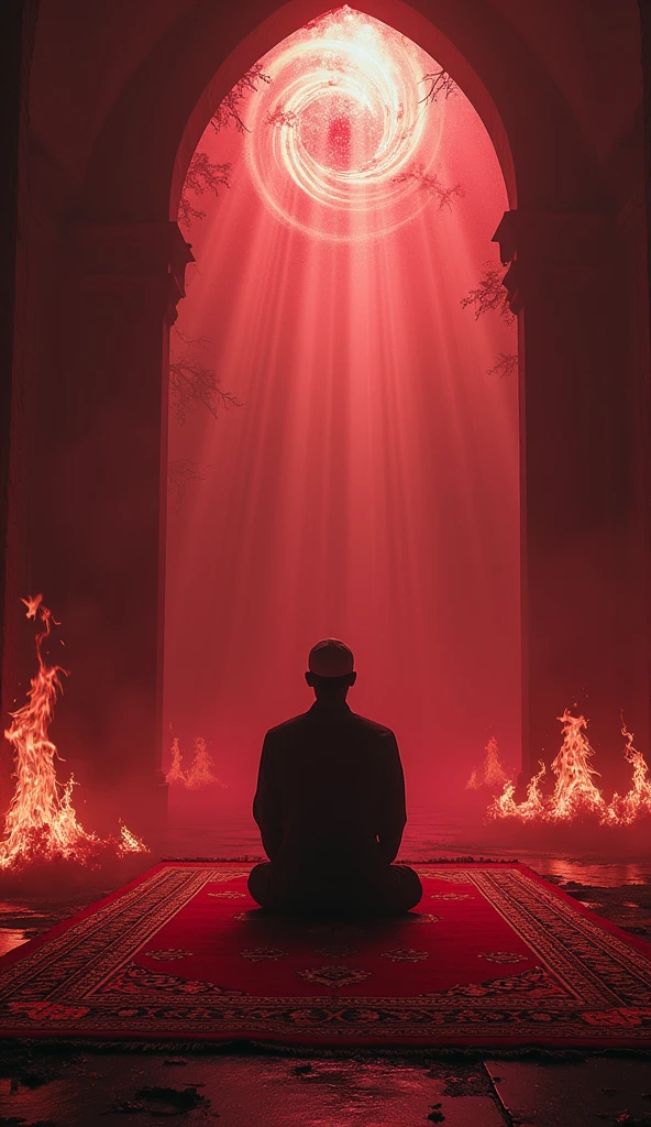 Scary room with a Muslim prayer rug, bloody, red. Black fire scary damage, Ultra-high-resolution display, mysterious, Mixing, optical illusion, glowing light, Rays of God, Innocent Muslim man praying on a rug in the middle of a room full of jinn and ghosts