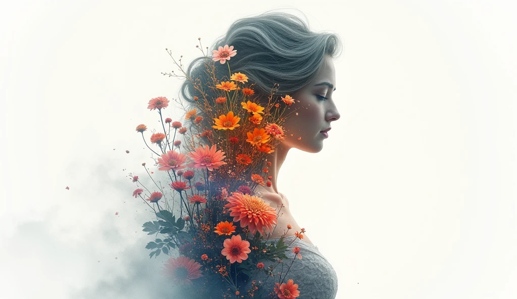 high quality, 8K Ultra HD, A beautiful double exposure that combines an goddess silhouette with multicolor flowers, multicolor flowers should serve as the underlying backdrop, with its details incorporated into the goddess , crisp lines, The background is monochrome, sharp focus, double exposure, by yukisakura, awesome full color,