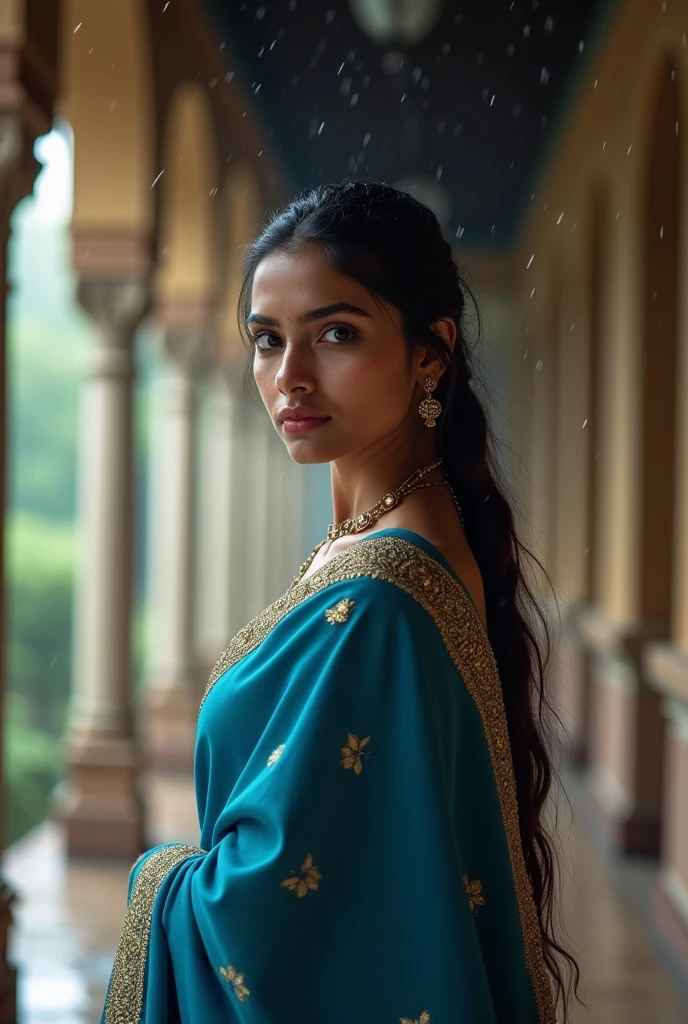 Una sola chica india de 25 años con Long hair usando sari, empire corridor, Columns, Long hair, elegantly dressed, SERIOUS LOOK, thoughtful, pink lips, Rainy day, blue clothes, Accessories, golden details in clothes, Real photo, canon camera focus, ponytail in hair