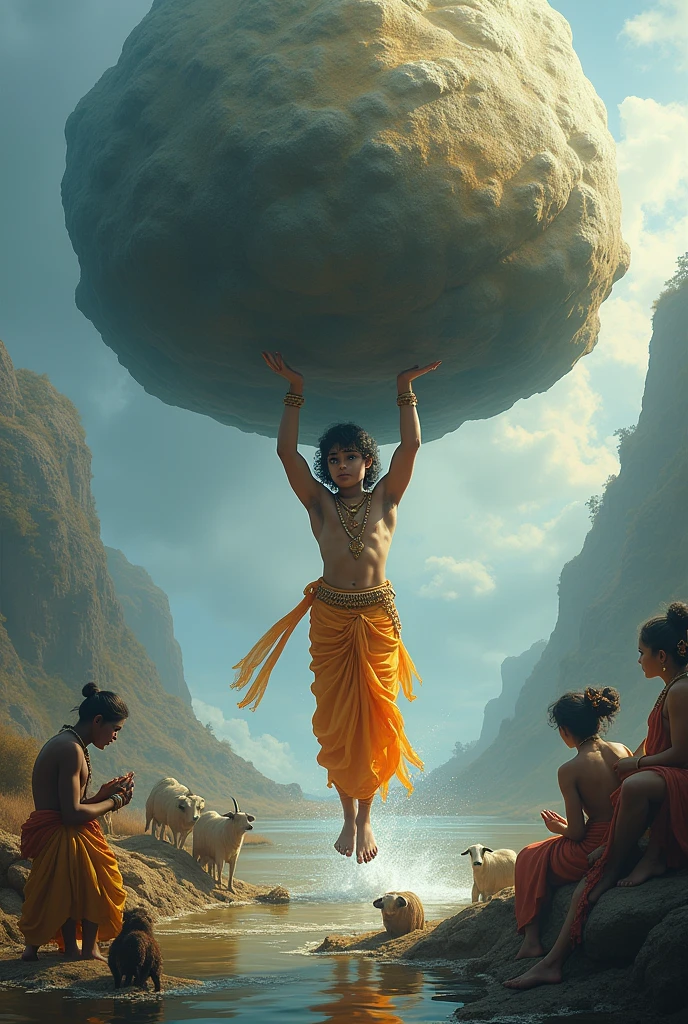 Create cute images of young lord krishna saving Brindavan people from flood by holding Govardhana mountain in his hand for protecting village people and domestic animals under mountain