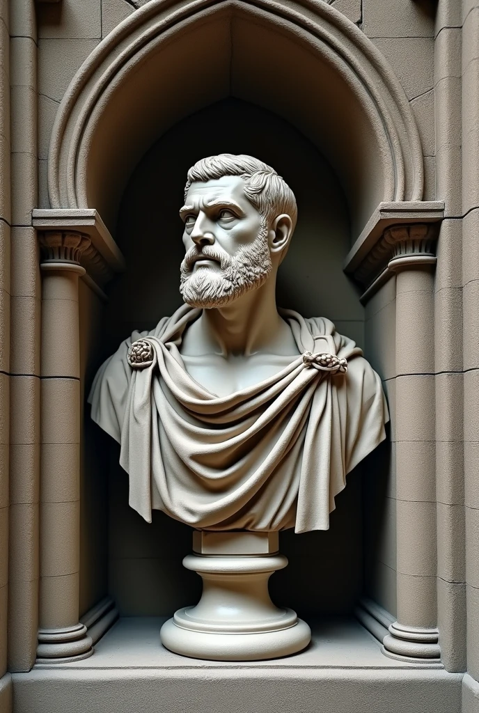A tattoo according to the following specifications: In the middle is said to be the bust of the head of Marcus Vipsanius Agrippa, the founder of Roman Cologne. Surrounded at best in a stone wall niche like in ancient Rome. Inspired by the architecture of Cologne Cathedral. 