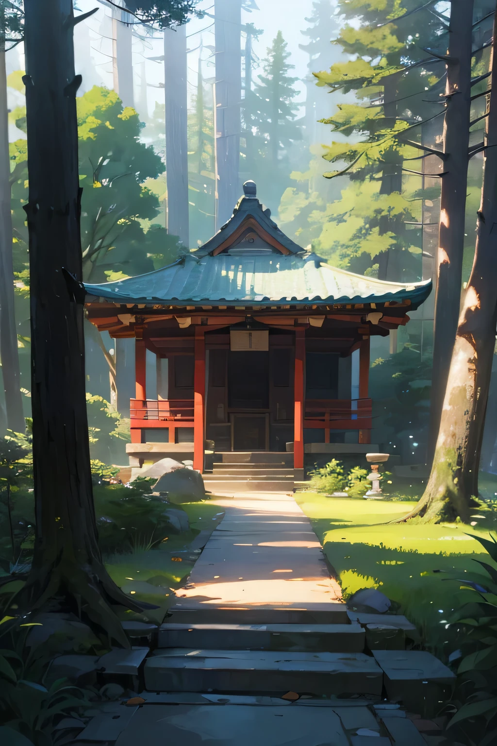 A landscape of a shrine in a forest