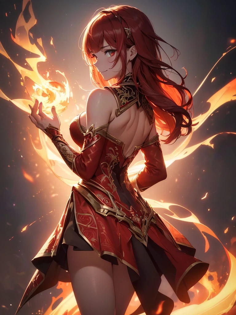 (((best quality, sharp image, clear image, cinematic lighting, 8k resolution, masterpiece, ultra detailed, intricate))) Girl, sorcerer, cute, intricate dress, smiling, fiery red, ((intricate background)), (rune frame), dimension, ((shot from behind)), fire sigils, chaotic background, ((half-body shot))