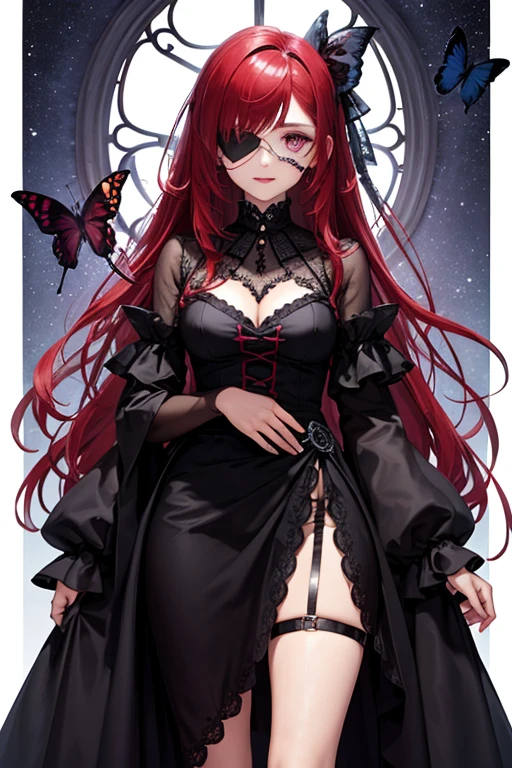 Cold girl, wearing gothic dress, butterfly wing, very long red hair, purple eyes, wearing eye patch
