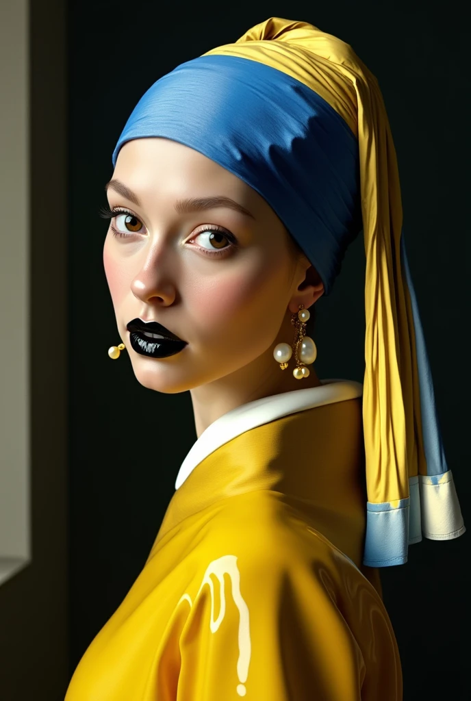 Créais une image comme le tableau de Johannes Vermeer, la jeune fille à la perle. Elle a un habit en matiere latex brillant jaune, le turban sur la tete est en latex brillant bleu, jaune et blanc comme sur le tableau original. Les levres de la jeune fille sont noires brillantes