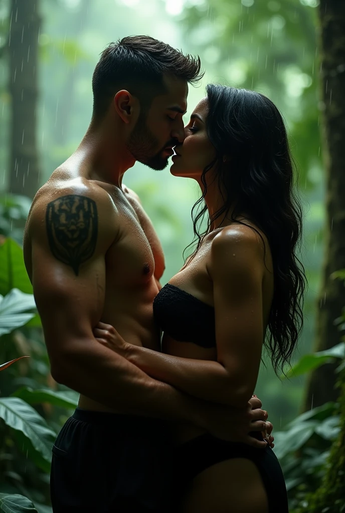 A man kissing a big boobs girl in rain forest