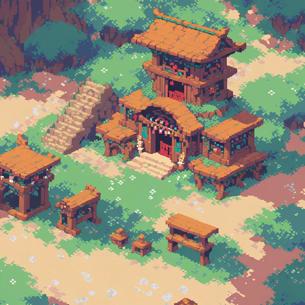 Pixel art,Pixelated,8bit,Retro games,Vibrant colors,Detailed sprites,Retro Style,Pixel Animation,Low resolution，There is a small shrine