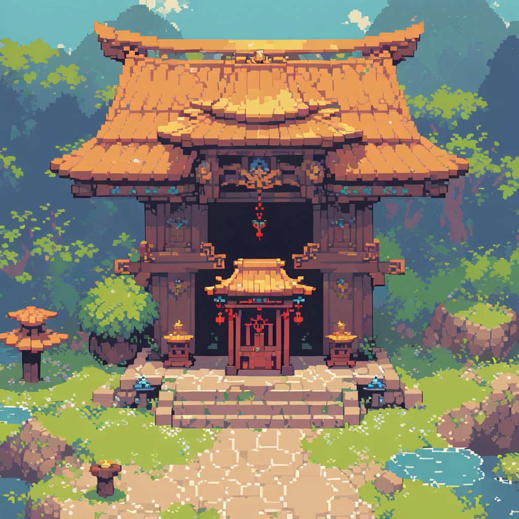 Pixel art,Pixelated,8bit,Retro games,Vibrant colors,Detailed sprites,Retro Style,Pixel Animation,Low resolution，There is a small shrine