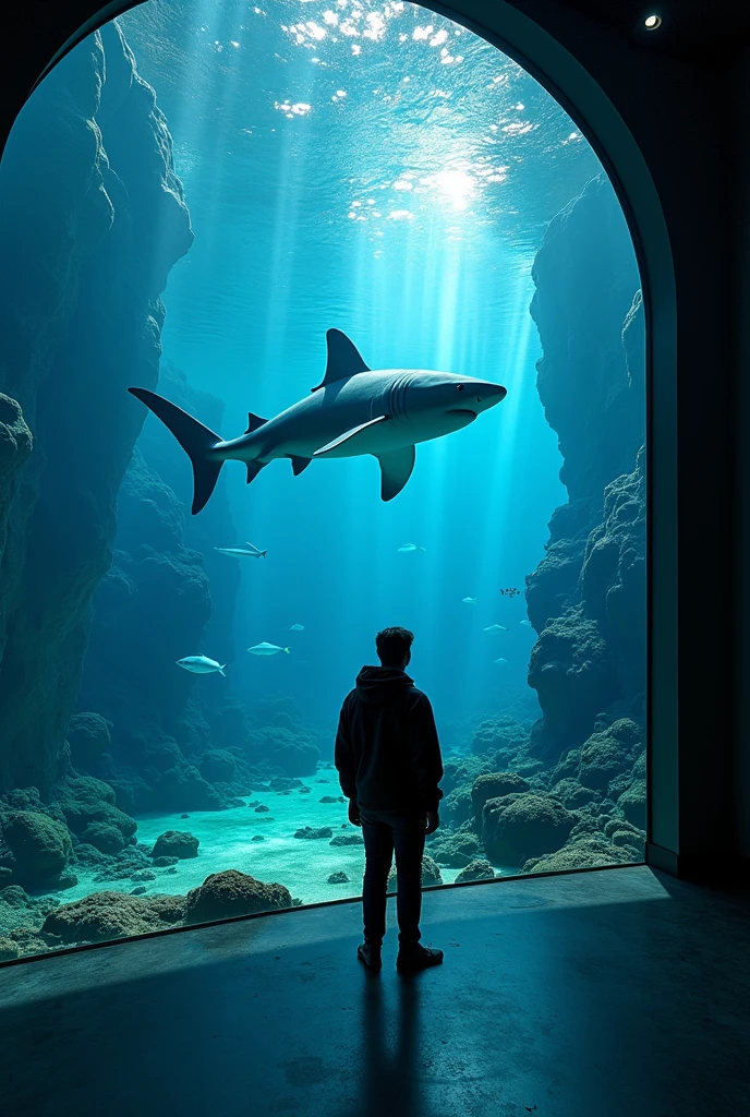 British art、Museum、Museum、exhibition、exhibition、Inorganic、Contemporary art、Satire、Silhouette of a great white shark、mural、Street art、shadow、Saturation、Saturator、(masterpiece:1.2)、of the highest quality、epic scale、realist、realist、huge case、aquarium、Art displayed inside a waterless aquarium、detailed decoration、(It operates with a score of 0 on the Seaart rating system)、Fragmented theme、trick art、Weight、space、space的、Gravity、Attainable work of art、Using things that exist in our daily lives as a motif、collage、Photo montage、sf,4k, Details, masterpiece