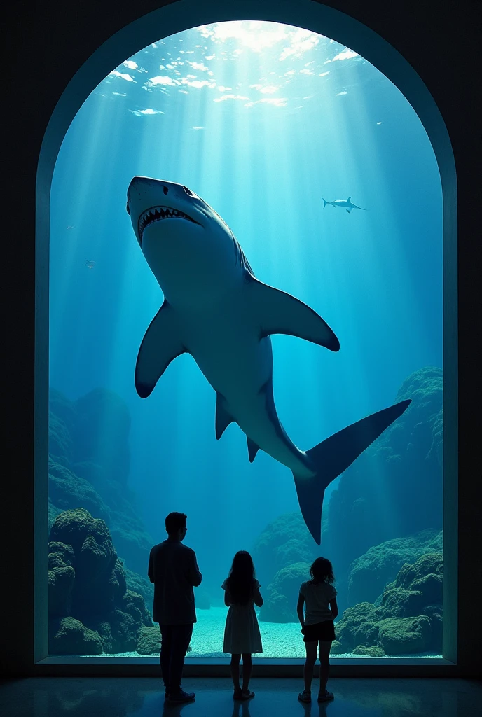 British art、Museum、Museum、exhibition、exhibition、Inorganic、Contemporary art、Satire、Silhouette of a great white shark、mural、Street art、shadow、Saturation、Saturator、(masterpiece:1.2)、of the highest quality、epic scale、realist、realist、huge case、aquarium、Art displayed inside a waterless aquarium、detailed decoration、(It operates with a score of 0 on the Seaart rating system)、Fragmented theme、trick art、Weight、space、space的、Gravity、Attainable work of art、Using things that exist in our daily lives as a motif、collage、Photo montage、sf,4k, Details, masterpiece 