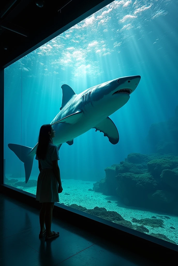British art、Museum、Museum、exhibition、exhibition、Inorganic、Contemporary art、Satire、Silhouette of a great white shark、mural、Street art、shadow、Saturation、Saturator、(masterpiece:1.2)、of the highest quality、epic scale、realist、realist、huge case、aquarium、Art displayed inside a waterless aquarium、detailed decoration、(It operates with a score of 0 on the Seaart rating system)、Fragmented theme、trick art、Weight、space、space的、Gravity、Attainable work of art、Using things that exist in our daily lives as a motif、collage、Photo montage、sf,4k, Details, masterpiece