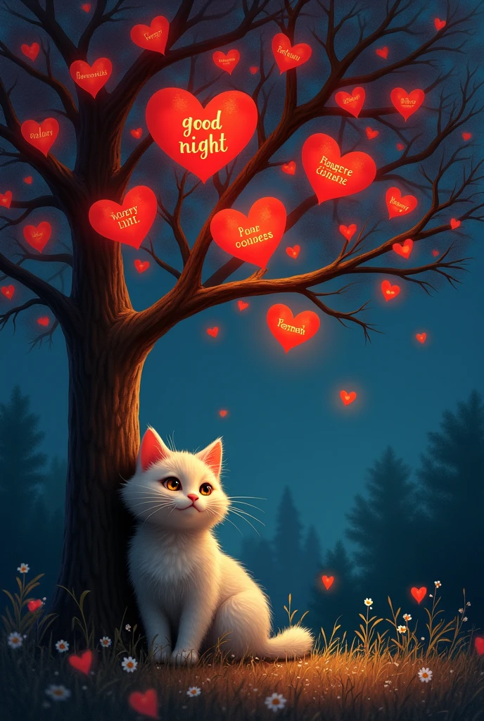 Natural dark environment at night. At the edge you can see a tree with many bright red hearts. A cute fat fluffy cat is leaning on the tree. Above it says in golden letters in capital letters Good night