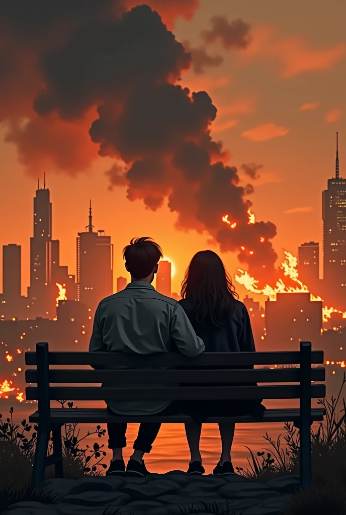 Couple sitting on a bench with their backs turned.
Burning city background with black smoke