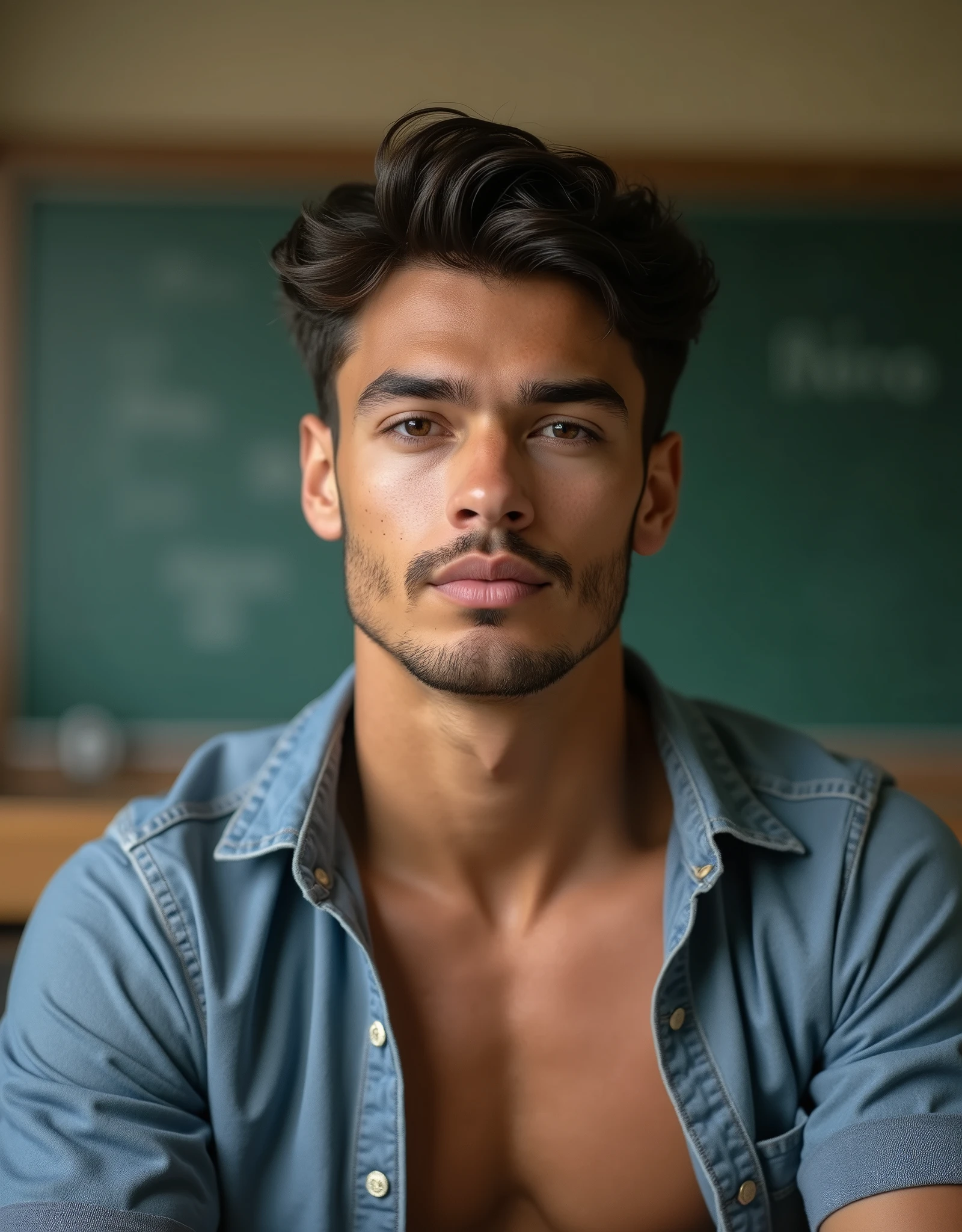 (1boy, photorealistic:1.4, masterpiece:1.2, ultra detailed, best quality, 4k), a handsome and muscular college aged boy sitting at a school desk with his shirt unbuttoned and open, male, slim athletic body build, backdrop is a classroom, with unparalleled attention to detail this photorealistic portrait combines the style of National Geographic, Capture every detail of his textured skin in 8k resolution, Leica digital SLR camera, his features are clearly visible from the deep-set eyes to the chiseled jawline, make this image a true masterpiece, Lift, (8K UHD, RAW Photograph, Photorealistic Portrait Leica Digital SLR, Lifelike images)